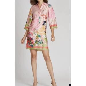 NEW TERI JON twill floral border print shift dress in pink floral